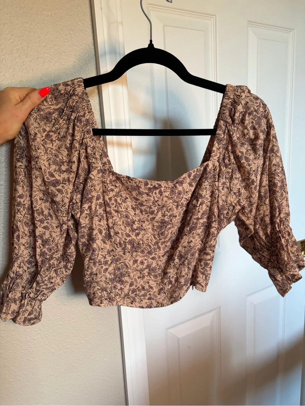 Whimsy + Row Dusty Pink Floral Square-Neck Puff Sleeve Crop Top